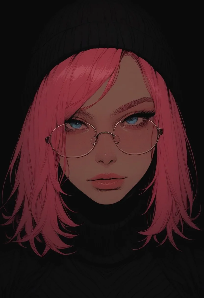 score_9, score_8_up, score_7_up, high detailed, high quality, masterpiece, no text, quality highlights, 8k detail, detailed background, source_anime, dynamic view, hentai, ultra-detailed,
a cute woman, pink hair bob, wearing skin tight black turtle neck and a beanie, thin-rimmed round glasses, front view, (hi-top fade), (dark theme:0.9), soothing tones, muted colors, high contrast, (natural skin texture, hyperrealism, soft light, sharp), close up