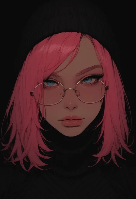 score_9, score_8_up, score_7_up, high detailed, high quality, masterpiece, no text, quality highlights, 8k detail, detailed background, source_anime, dynamic view, hentai, ultra-detailed,
a cute woman, pink hair bob, wearing skin tight black turtle neck and a beanie, thin-rimmed round glasses, front view, (hi-top fade), (dark theme:0.9), soothing tones, muted colors, high contrast, (natural skin texture, hyperrealism, soft light, sharp), close up