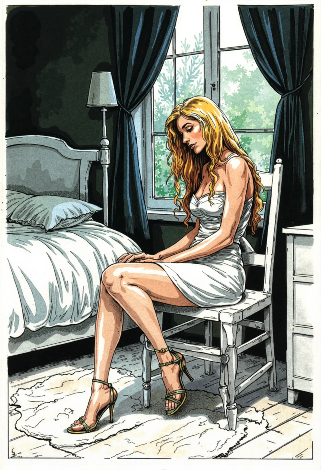 d0nkaThis image is a hand-drawn comic strip in a traditional, heavily inked style, with a dark and gritty aesthetic. The scene is framed with heavy ink lines, a dark and moody atmosphere, with deep shadows and stark contrasts. A woman in a dimly lit bedroom, seated on a white wooden chair. She has long, blonde hair cascading down her back, and she is wearing a white dress and high heels on her feet. Her expression is contemplative, with her eyes looking down. The bedroom has a vintage, somewhat retro aesthetic with white-painted furniture. To the left of the image, there is a bed with a white, ruffled comforter. Behind the bed, a window with a white frame allows a glimpse of a garden or outdoor space, adding a touch of natural light. The floor is light-colored wood, and a white, textured rug is placed under the chair where the woman is seated. The lighting is soft, casting gentle shadows and highlighting the textures of the fabrics and furniture. The overall mood of the photograph is intimate and introspective, with a focus on the woman's quiet, personal moment. <lora:FLUX\FLUX.1-Turbo-Alpha\FLUX.1-Turbo-Alpha.safetensors:1.0> <lora:MyTrainings\Temp\Donka_F1D_ARZUMATA.safetensors:1>