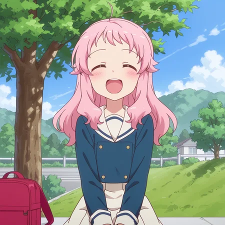 nsfw, masterpiece,best quality,amazing quality,1girl, solo, anima_yell_kohane_hatoya, sitting, closed eyes, facing viewer, pink hair, outdoors, smile, long hair, open mouth, school uniform, :d, day, blush, ahoge, tree, ^ ^, white sailor collar, sailor collar, sky, bangs, shirt, serafuku, blue shirt, <lora:Kohane_Hatoya_-_Anima_Yell:0.7>