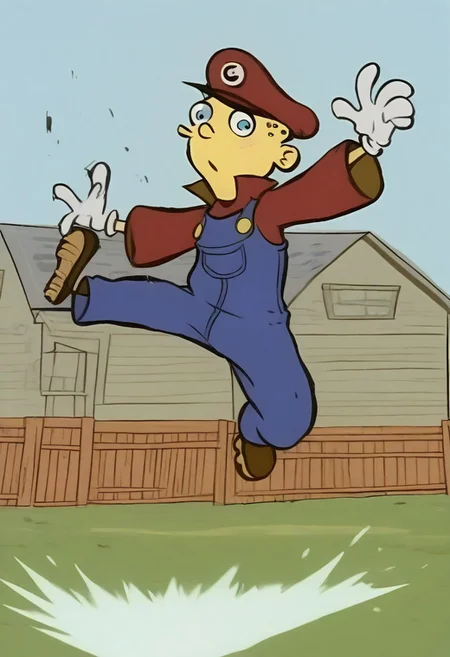 Masterpiece, best quality, , absurdres, highly detailed, 1boy, solo, edboi, mnbrow, unibrow, jump, dynamic shot, kick, mid air,
BREAK
 happy expression, houses in background, day,,red hat,red long-sleeved shirt, blue overalls,  brown shoes, white gloves, yellow buttons, brown hair, blue eyes,