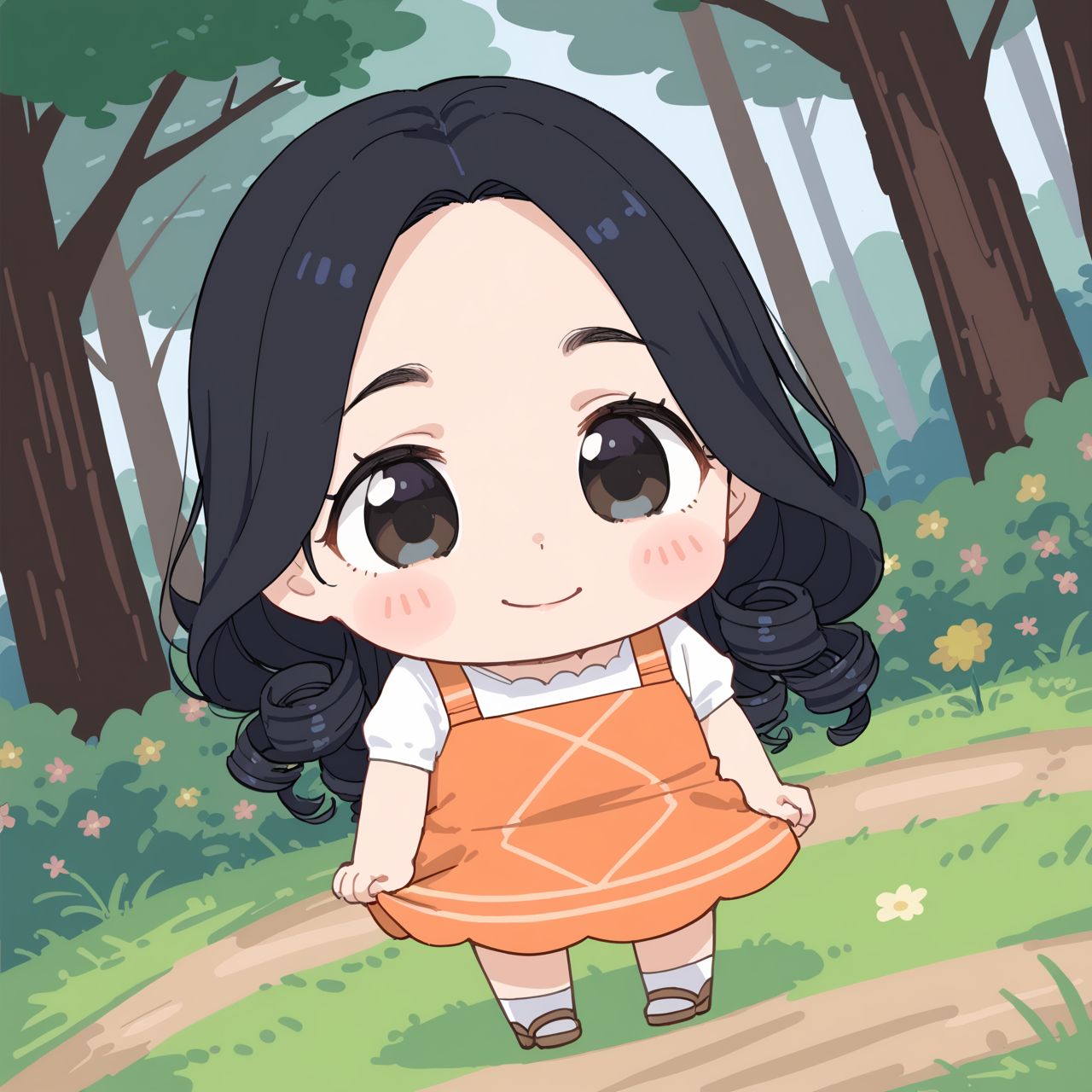 PonyScores7, source_anime, rating_safe, ah1, 1girl, (curly hair), long hair, (black hair), mature female, (parted hair:1.7), (round face:1.2), (no_bangs:1.3), (no_fringe:1.6), (thick eyebrows), (curvy), round-chin, (greenish hazel eyes), caucasian, (downturned eyes:1.2), (plump face), <lora:ETO_OCPonyXL:0.5> eto_oc, smile, (Dutch Angle (from behind) view medium Close shot (focus on legs)), (grazing in the forest), (enchanted woodland where the flowers glow with inner light and the air is filled with the sound of laughter), looking at viewer, <lora:bkub-PonyXL-1024px:0.8> chibi