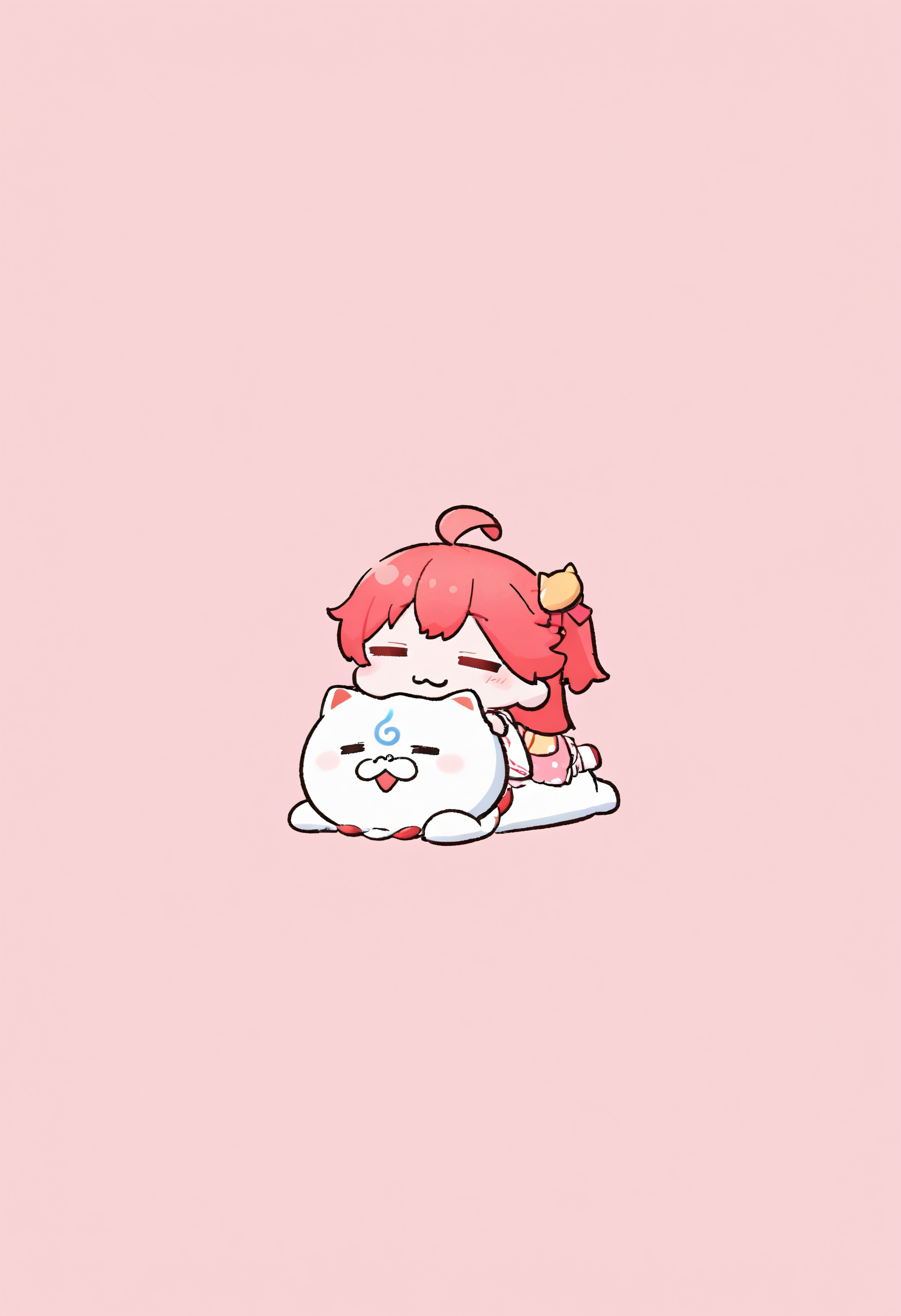 <lora:Style_KikivVmal:1>, chibi, simple background, sakura miko \(1st costume\), 35p \(sakura miko\), head on head, lying, on stomach, =_=, :3, wide shot, masterpiece, best quality