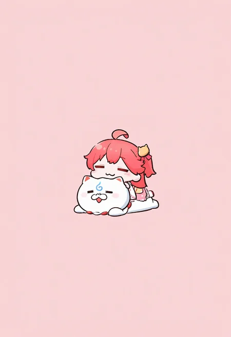<lora:Style_KikivVmal:1>, chibi, simple background, sakura miko \(1st costume\), 35p \(sakura miko\), head on head, lying, on stomach, =_=, :3, wide shot, masterpiece, best quality
