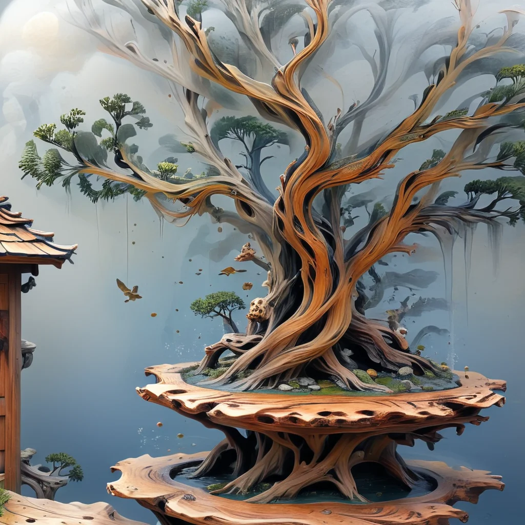 <lora:artfullyTREELUSION_SDXL_V1:1>, arttrlsn, , bonsai of an old juniper tree, beautiful cedar stand outside on the patio for the 100 year old plant, passed down from generation to generation. there is a koi jumping out of the water next to the branches that hold the mushroom tree house up
<lora:artfullyECHELIER_SDXL_V1:1> artchlr <lora:artfullyinsect_-_v1:1>