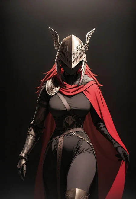 (Masterpiece), high quality, absurdres, BL4CK3STBL4CK, black_theme, matte_color, flat_color, (no_humans), vantablack, art, a woman with red hair, winged helmet, sword, red cape, Black_theme, dark lighting, black background, contrast