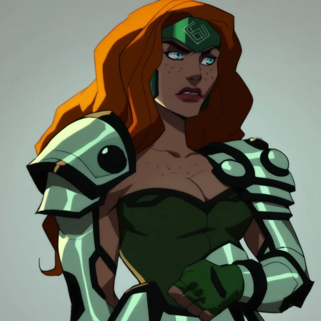 score_9, score_8_up, score_7_up, 1girl, solo, lipstick, orange hair, long hair, freckles, blue eyes, cleavage,  fingerless gloves, headpiece, armor, shoulder armor, leotard, Knockout (dc)
