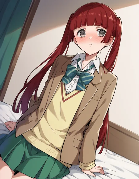 score_9, score_8_up, score_7_up, source_anime, <lora:n-arisugawa-oc-ponyxl-lora-nochekaiser:1>, n-arisugawa, long hair, red hair, bangs, blunt bangs, hime cut, grey eyes,, twintails, skirt, long sleeves, school uniform, jacket, miniskirt, green skirt, blazer, brown blazer, sweater vest, yellow sweater vest, bowtie, green bowtie, striped bowtie, collared shirt,, indoors, bed, bed room, on side, blush, drunk, looking at viewer, solo,, cowboy shot, dutch angle