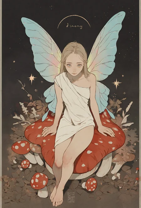 best quality, masterpiece, newest, absurd res, hi res, very awa, fairy, honovy, (mucknagabe:0.7), (blotch:0.7), female, slim, butterfly wings, solo, toga, looking at viewer, sitting on red mushroom, ethereal, iridescent, postcard, gold, stars, (lineart:0.6), high-angle view, watercolor, illustration, vintage, (art nouveau:0.2),