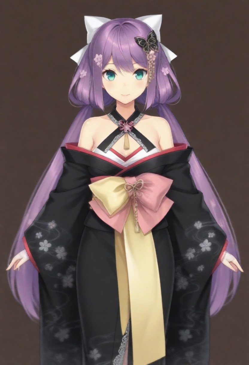 masterpiece, best quality, amazing quality,,, shiny skin,,,,,,,,nijiritsuki,,green eye,purple hair,makeup,long hair,low twintails,butterfly ornament,hair bow,white bow,hair flower,nijiritsukicos,black kimono,floral print kimono,frill-trimmed kimono,lace-trimmed kimono,off shoulder,bare shoulder,x-cross halterneck,long sleeves,wide sleeves,long skirt,obi,sash,waist bow,long bow,white lace gloves,long gloves,fingerless gloves,