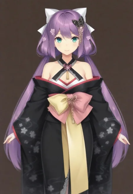 masterpiece, best quality, amazing quality,,, shiny skin,,,,,,,,nijiritsuki,,green eye,purple hair,makeup,long hair,low twintails,butterfly ornament,hair bow,white bow,hair flower,nijiritsukicos,black kimono,floral print kimono,frill-trimmed kimono,lace-trimmed kimono,off shoulder,bare shoulder,x-cross halterneck,long sleeves,wide sleeves,long skirt,obi,sash,waist bow,long bow,white lace gloves,long gloves,fingerless gloves,