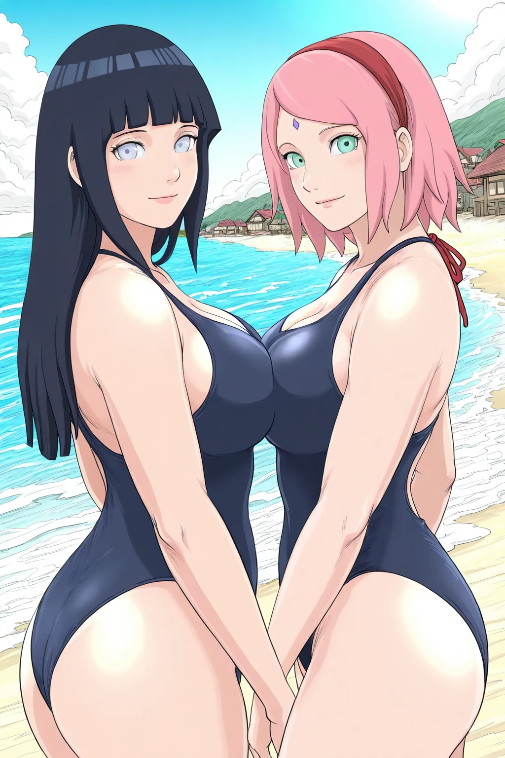raikage art style, masterpiece, amazing quality, best quality, ultra-detailed, 2girls, hyuuga hinata, haruno sakura, standing, long hair, looking at viewer, upper body, light smile, beach, summer, one-piece swimsuit, village, (side-by-side:1.2)