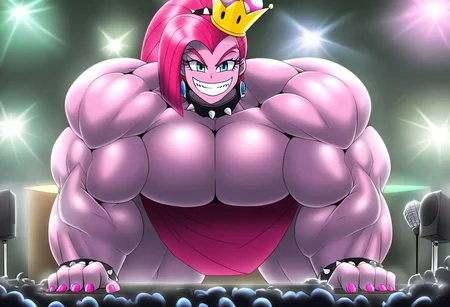 Pinkamena Diane Pie, Equestria Girls, poseMega, 1girl, breasts, super crown, collar, large breasts, bracelet, crown, ponytail, long hair, smile, jewelry, teeth, nail polish, grin, pink_dress, leaning_forward, shirtMega, poseMega, big muscle,large muscle,hyper muscle,huge muscle,thick limbs,thick thighs,thick arms, full body, monster muscles, giantess, microphone, holding microphone, singing, stage, neon lights, best quality, masterpiece, highres