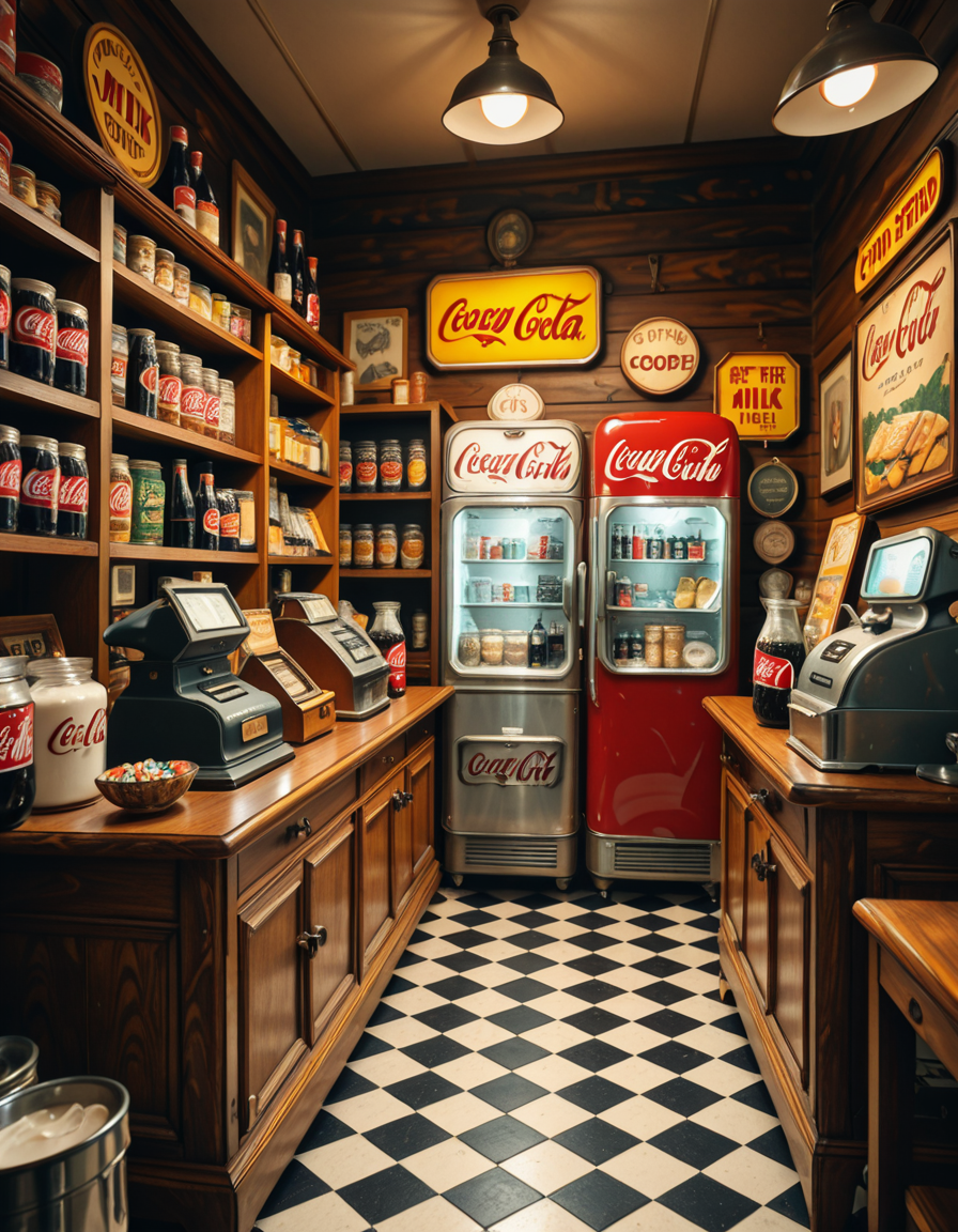 A vintage 1950s grocery store filled with nostalgic details. Wooden shelves neatly stocked with classic canned goods, glass soda bottles, and colorful retro packaging. An old-fashioned cash register sits on the wooden counter, next to a small scale for weighing produce. The checkered black-and-white tile floor adds to the mid-century charm, while hand-painted signs on the walls advertise milk, bread, and coffee in bold, retro fonts. A display of penny candy in glass jars sits near the entrance, and a vintage Coca-Cola refrigerator hums in the background. Soft, warm lighting casts a nostalgic glow over the scene, enhancing the rich textures of wood, glass, and metal, capturing the essence of a bygone era.
<lora:SDXLFaeTastic2400:0.4> <lora:extremely_detailed:0.4> extremely detailed
,1950s grocery st0r3, <lora:1950s_grocery_st0r3-i:1>, Masterpiece,best quality,hi res,8k,hi res,8k,award winning,(sharp focus, intricate, highly detailed),