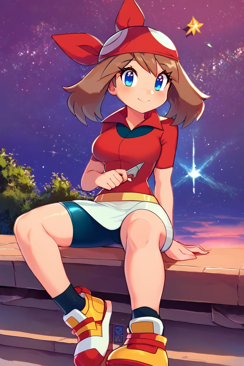 score_9, score_8_up, score_8, medium breasts, (curvy), cute, eyelashes, zzMay, blush, smile, bangs, skirt, shirt, holding, sitting, closed mouth, short sleeves, outdoors, sky, shoes, shorts, socks, collared shirt, eyelashes, night, white skirt, bike shorts, black socks, red shirt, star (sky), starry sky, bandana, shooting star, red bandana, smile, looking at viewer, <lora:MayP2:0.8>, <lora:CitronAnimeTreasure:0.8>,