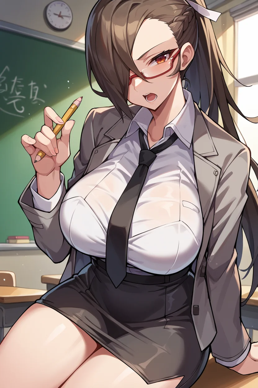 score_9, score_8_up, score_7_up, score_6_up, source_anime, BREAK 1girl, solo <lora:kagero-pdxl-nvwls-v1-000006:0.8> defKagero, ponytail, hair over one eye, large breasts, glasses, furrowed brow, open mouth, grey suit jacket, necktie, white shirt, collared shirt, pencil skirt, classroom, looking at you