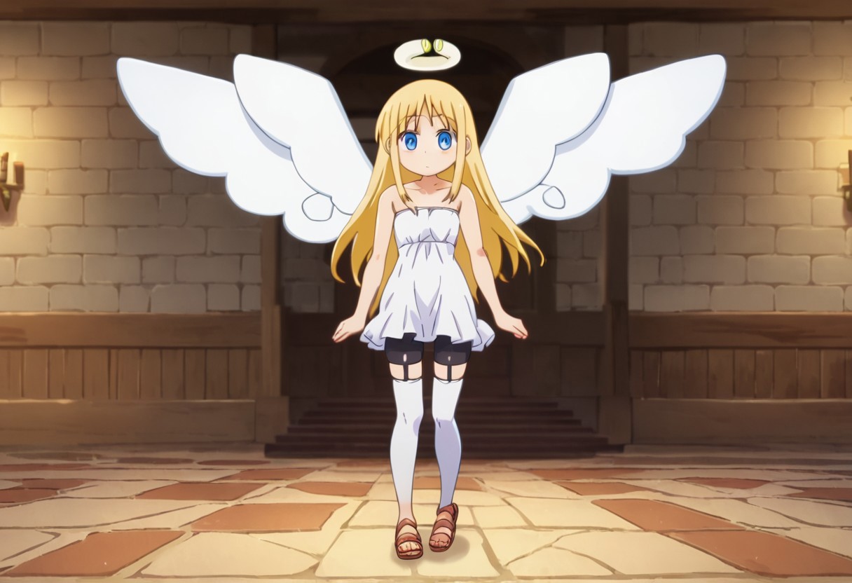 crimvael \(interspecies reviewers\),, blue eyes,blonde hair,long hair,angel,halo,wings,white dress,strapless,bare shoulders,bike shorts,sandals , thighhighs, indoors , standing ,  score_9, score_8_up, score_7_up, ,source_anime, best quality, masterpiece,   , full body view ,   garter straps, collarbone ,  1girl , solo , girl focus ,