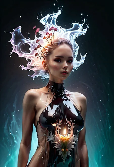 style of Aaron Horkey & Anne Bachelier fusion, Poster close-up, A delicate (tiny woman:0.8), illuminated by a (fast light void:1.5) revealing her intricate details and hidden beauty in a surreal landscape filled with (ethereal flora:1.2).