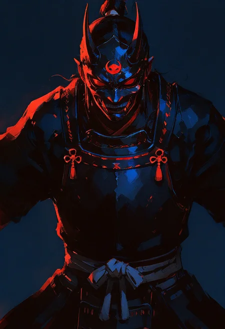 film grain, realistic, sketch, 
masterpiece, best quality, amazing quality,
cinematic, samurai, red and black armor, demon mask, dynamic pose,
(dark blue background:1.1), simple background, dark theme,
<lora:YTSKX-WAI:0.8> <lora:ponyv6_vpred6:0.3>