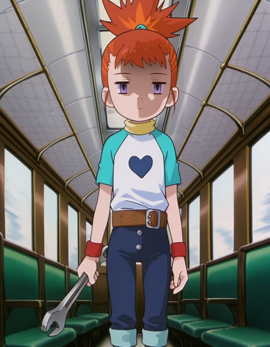 masterpiece, best quality, incoming attack, holding a single long wrench, solo, inside a train background, cowboy shot, 
, skinny, shaded face, empty eyes, expressionless, 
<lora:Mind_Controlled_Rika:1>, rik0, 1girl, orange hair, high ponytail, female child, purple eyes, raglan sleeves, yellow turtleneck, belt, blue pants, wristband, red footwear, pants rolled up,