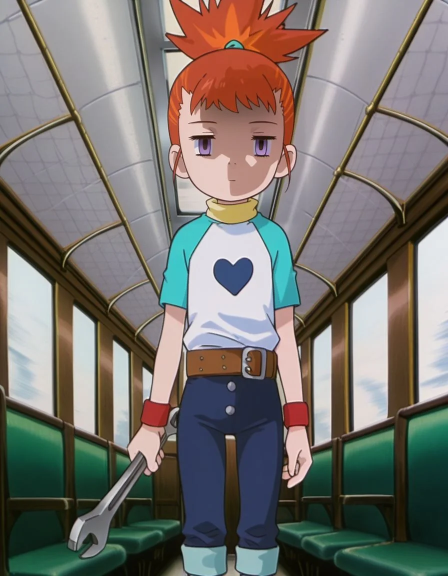 masterpiece, best quality, incoming attack, holding a single long wrench, solo, inside a train background, cowboy shot,
, skinny, shaded face, empty eyes, expressionless,
<lora:Mind_Controlled_Rika:1>, rik0, 1girl, orange hair, high ponytail, female child, purple eyes, raglan sleeves, yellow turtleneck, belt, blue pants, wristband, red footwear, pants rolled up,