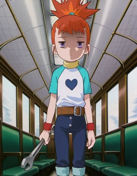 masterpiece, best quality, incoming attack, holding a single long wrench, solo, inside a train background, cowboy shot,
, skinny, shaded face, empty eyes, expressionless,
<lora:Mind_Controlled_Rika:1>, rik0, 1girl, orange hair, high ponytail, female child, purple eyes, raglan sleeves, yellow turtleneck, belt, blue pants, wristband, red footwear, pants rolled up,