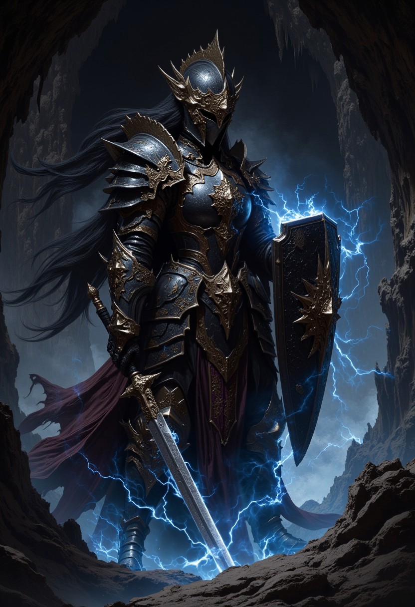 detailed renaissance oil painting, masterpiece, FredFraiStyle, an oriental female knight in black Armor with gold embellishments, full-face helmet, long flowing hair, holding a sword (glowing blue, with blue electrical energy flowing through it) and shield an a battle-ready stance, dynamic pose, in a dark, damp cave, directional lighting, masterpiece, mythp0rt, perfect composition, perfect hands, cowboy shot