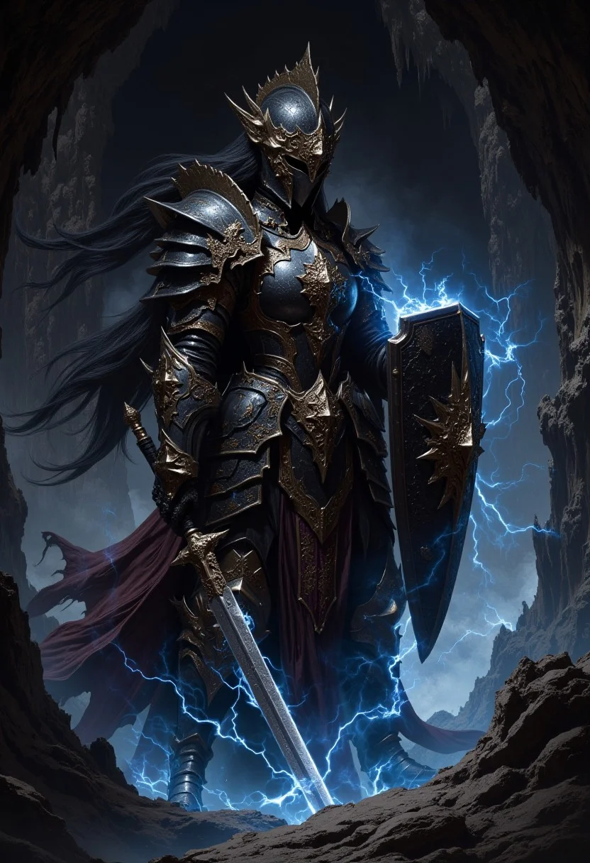 detailed renaissance oil painting, masterpiece, FredFraiStyle, an oriental female knight in black Armor with gold embellishments, full-face helmet, long flowing hair, holding a sword (glowing blue, with blue electrical energy flowing through it) and shield an a battle-ready stance, dynamic pose, in a dark, damp cave, directional lighting, masterpiece, mythp0rt, perfect composition, perfect hands, cowboy shot