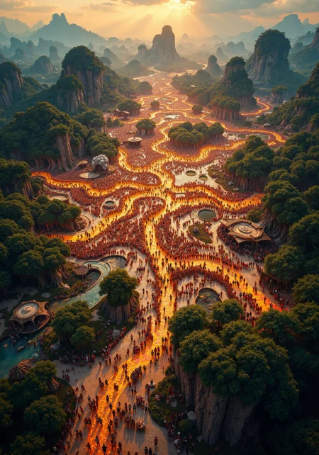 Epic aerial masterpiece capturing a mesmerizing, vast creative festival from a breathtaking bird-eye view. Thousands of individuals merge in a vibrant ritual and dynamic art parade, orchestrating intricate formations over an expansive, sustainable eco-friendly landscape. The scene boasts highly detailed, organic environments with modern, nature-integrated structures, lush greenery, and sustainable design elements. Surreal atmospheric lighting, radiant colors, and hyper-detailed 8K visual quality emphasize the epic convergence of cultures, artistry, and environmental harmony. The intricate, panoramic vista, fused with dynamic shadows, intricate textures, and stunning clarity, transforms the vibrant cultural celebration into a living tapestry of creative genius and eco innovation. <lora:FLUX-daubrez-DB4RZ:0.5> <lora:FluxMythR3alisticF:0.4> <lora:flux_dev:1>
