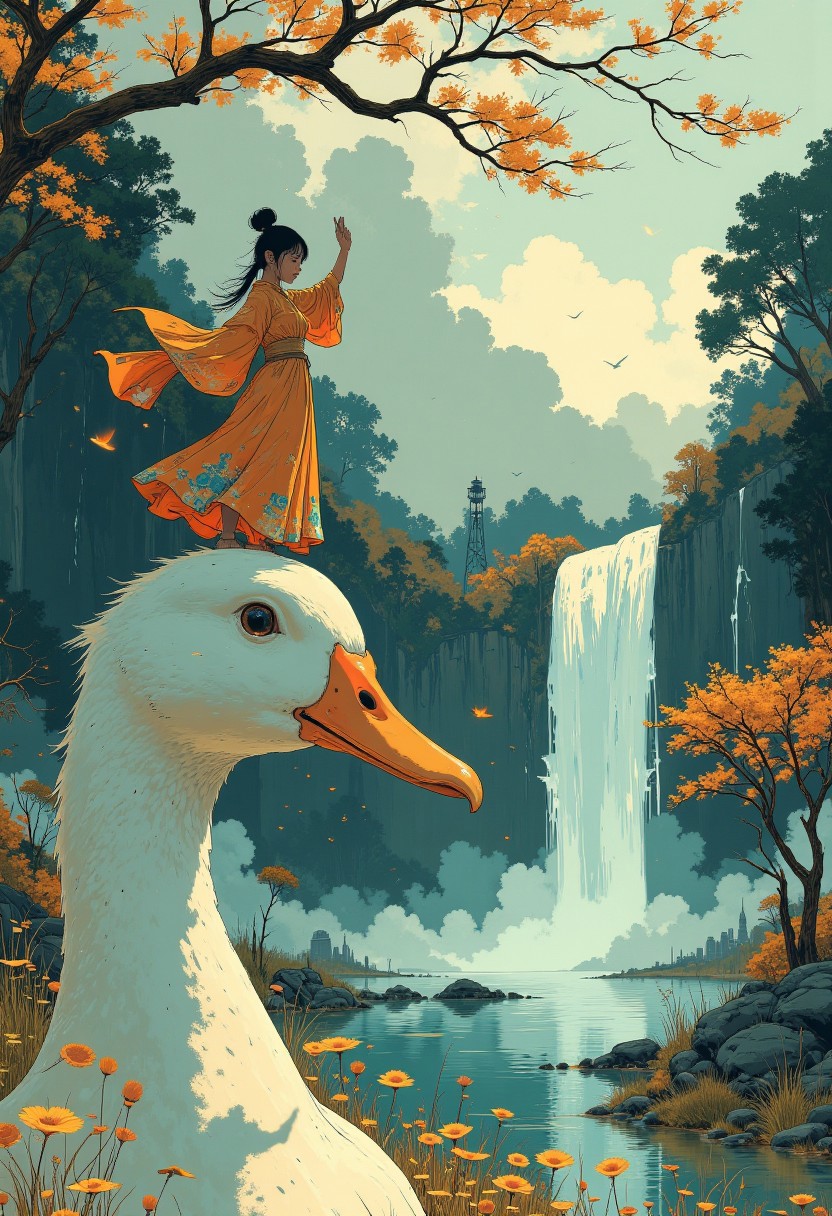 A surreal and fantastical close up portrait of a pristine white duck's head. Perched atop the duck’s head is a tiny, graceful girl, caught mid-dance with raised arms. Her vibrant, multicolored gown bursts with dynamic hues of scarlet, turquoise, and gold, with elongated sleeves that trail like silk ribbons, swirling in the soft breeze. The ribbons and gown seem almost alive, twirling in mesmerizing patterns. In the distance, a majestic waterfall cascades gently into a pond, shrouded in a soft mist that catches the light like a delicate veil. The scene balances semi-realistic details with a slightly painterly style, blending fantastical elements with serene natural beauty. The duck’s calm gaze contrasts with the vibrant energy of the dancing girl, making her the focal point of the whimsical composition.