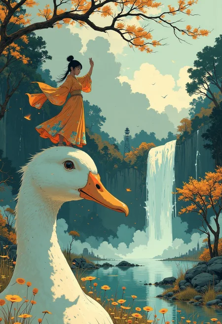 A surreal and fantastical close up portrait of a pristine white duck's head. Perched atop the duck’s head is a tiny, graceful girl, caught mid-dance with raised arms. Her vibrant, multicolored gown bursts with dynamic hues of scarlet, turquoise, and gold, with elongated sleeves that trail like silk ribbons, swirling in the soft breeze. The ribbons and gown seem almost alive, twirling in mesmerizing patterns. In the distance, a majestic waterfall cascades gently into a pond, shrouded in a soft mist that catches the light like a delicate veil. The scene balances semi-realistic details with a slightly painterly style, blending fantastical elements with serene natural beauty. The duck’s calm gaze contrasts with the vibrant energy of the dancing girl, making her the focal point of the whimsical composition.