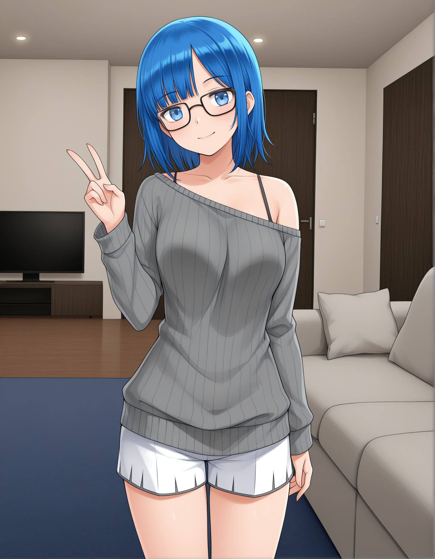 masterpiece,best quality, absurdres, highres,  <lora:Nikki Illu:1> nikkiillu, glasses, grey sweater, off shoulder, white shorts, bra strap, living room, standing, upper body, V