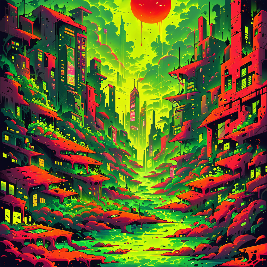 masterpiece,high resolution.
,alienworld, 
city,scenery,red and green theme,
, <lora:Alien_World-xl-8:0.6>,