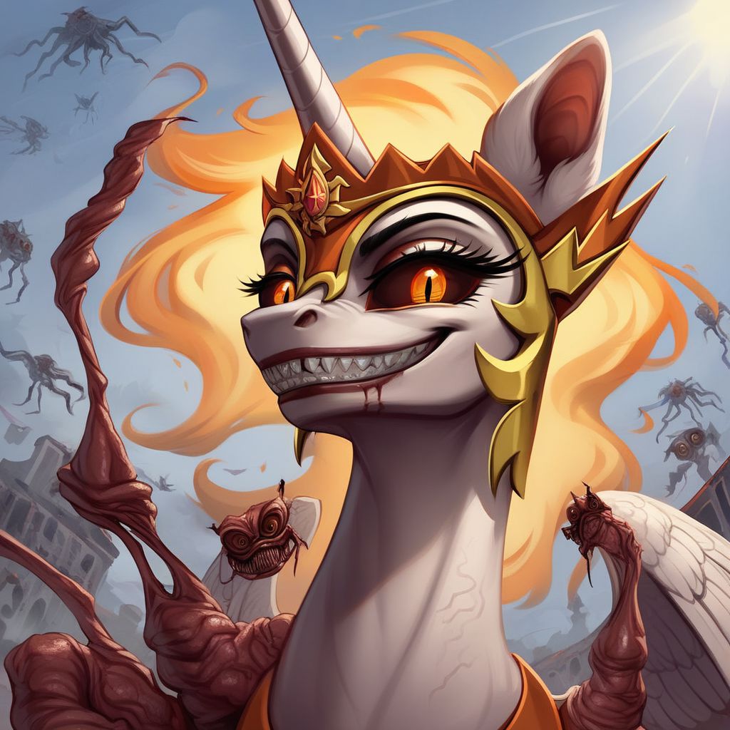score_9, score_8_up, score_7_up, score_6_up, score_5_up, score_4_up, source_MLP, Daybreaker From Equestria at War, Pony, Alicorn, g4, Female, Feral, On the battlefield, Ruler of the Solar Empire, (Athletic:1.3), Evil eyes, Looking At Viewer, (Creepy Grotesque Sadistic smile:1.6), Massacred bodies of fallen Changeling soldiers from Changing Lands, Extermination of enemies, Gore, Sun rays cutting through dark clouds, Extreme Detailed Background, The quality of ai art is frightening