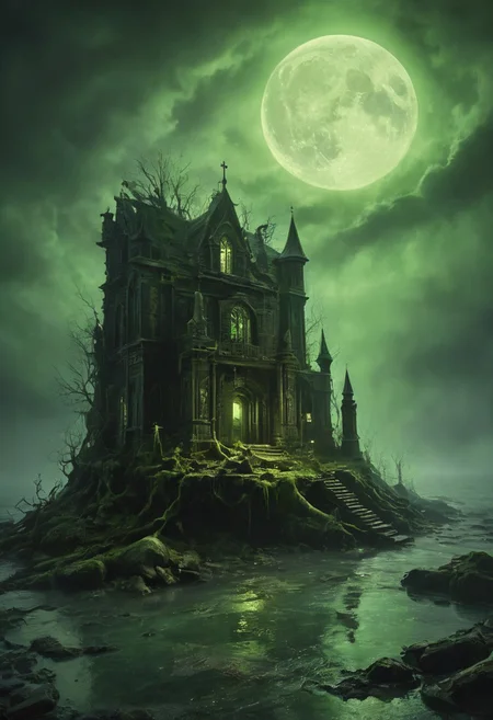 Eldritch laboratory, ancient books, arcane symbols, bubbling potions, dark wood and brass instruments, eerie green light, detailed textures, high detail, high resolution, (dark fantasy, eerie:1.3), (haunting, atmospheric:1.2), (nightmarish:1.4), masterpiece quality <lora:Desolation:0.5>, <lora:The_Horror_Style:0.5>, highly detailed and hyper realistic photo, by Alena Aenami , by Archibald Thorburn , by Daniele Afferni ,  in the style of  monochromatic silhouette reflection,  limited dark palette, unusual dark colors, faded colors, atmospheric haze, highly dramatic cinematic lighting, motion blur, film grain,  professional, excellent composition, finest details, maximized details, ultimate detail level, masterpiece, best quality