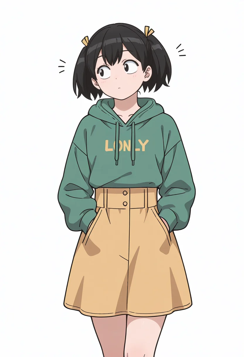 Smooth Quality,masterpiece,very intricate, high quality details, ultra realistic, high detailed skin,detailed enviorement,
simple background, white background, 
front view,lonely,walking pose, one hand in pocket, head slightly turned, casual stride, confident aura,  ,
 <lora:Tadano_Hitomi_cnn:0.7> tadanohitomicnn, 1girl,black hair, short hair, twintails, black eyes, bangs, hair ribbon,
zip-up hoodie, ,high-waist skirt,  ,