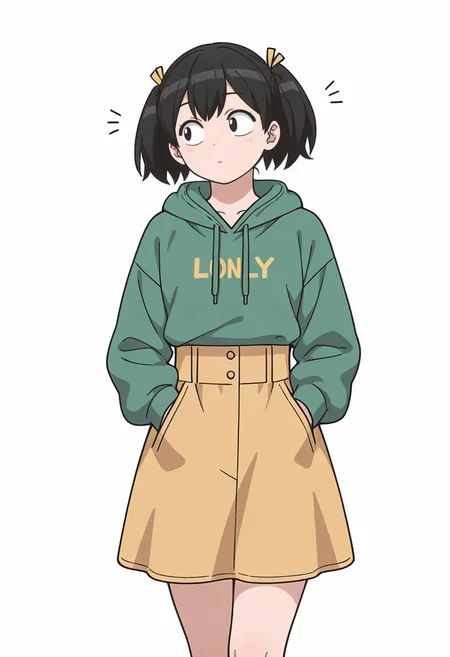 Smooth Quality,masterpiece,very intricate, high quality details, ultra realistic, high detailed skin,detailed enviorement,
simple background, white background,
front view,lonely,walking pose, one hand in pocket, head slightly turned, casual stride, confident aura, ,
<lora:Tadano_Hitomi_cnn:0.7> tadanohitomicnn, 1girl,black hair, short hair, twintails, black eyes, bangs, hair ribbon,
zip-up hoodie, ,high-waist skirt, ,