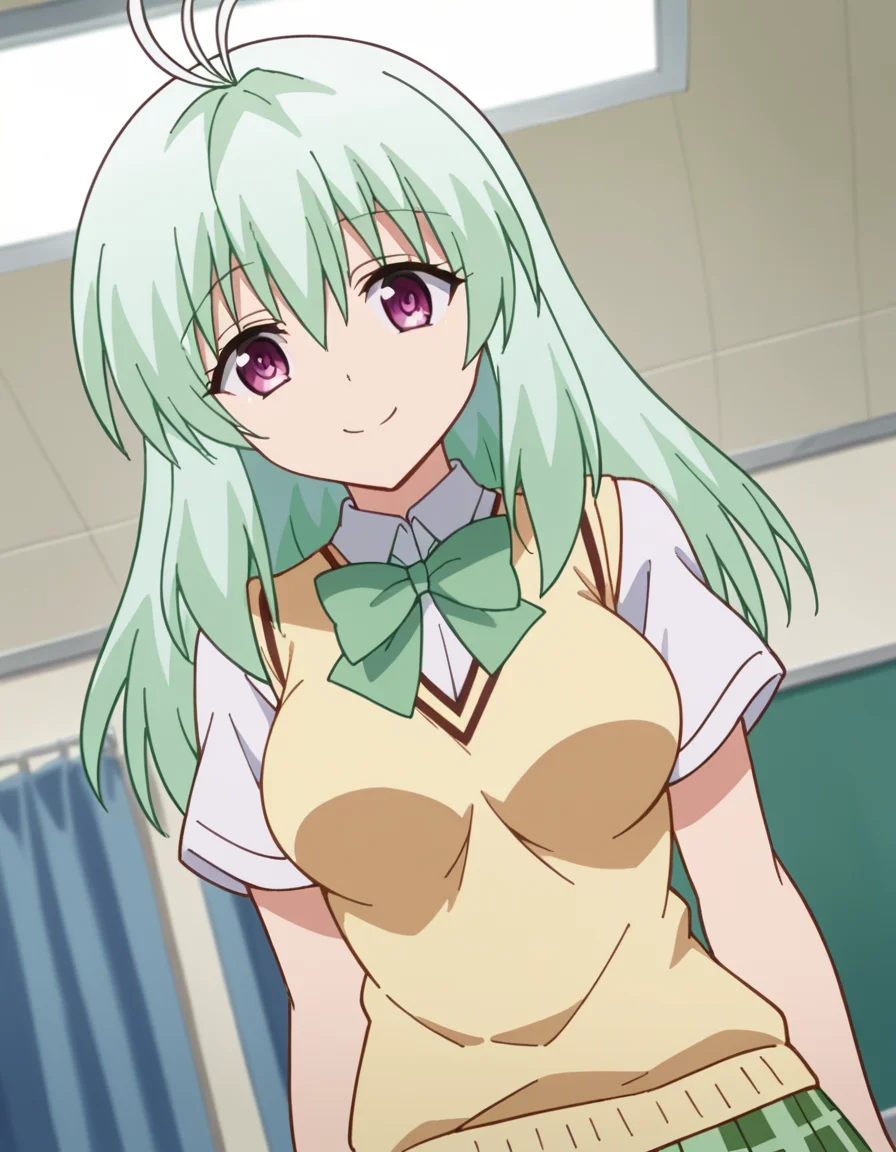 score_9, score_8_up, score_7_up, source_anime, <lora:run-elsie-jewelria-darkness-ponyxl-lora-nochekaiser:1>, run elsie jewelria, long hair, purple eyes, green hair, antenna hair, ahoge, hair between eyes, medium breasts, green skirt, plaid, plaid skirt, sainan high school uniform, school uniform, skirt, sweater vest, thighhighs, yellow sweater, short sleeves, bow, green bow,, hospital room, bedside, get well flowers, comforting, quiet, smile, smile, looking at viewer, solo,, dutch angle, cowboy shot