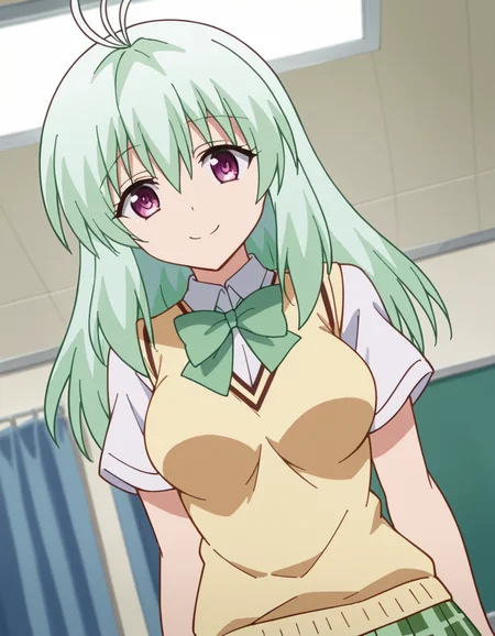 score_9, score_8_up, score_7_up, source_anime, <lora:run-elsie-jewelria-darkness-ponyxl-lora-nochekaiser:1>, run elsie jewelria, long hair, purple eyes, green hair, antenna hair, ahoge, hair between eyes, medium breasts, green skirt, plaid, plaid skirt, sainan high school uniform, school uniform, skirt, sweater vest, thighhighs, yellow sweater, short sleeves, bow, green bow,, hospital room, bedside, get well flowers, comforting, quiet, smile, smile, looking at viewer, solo,, dutch angle, cowboy shot