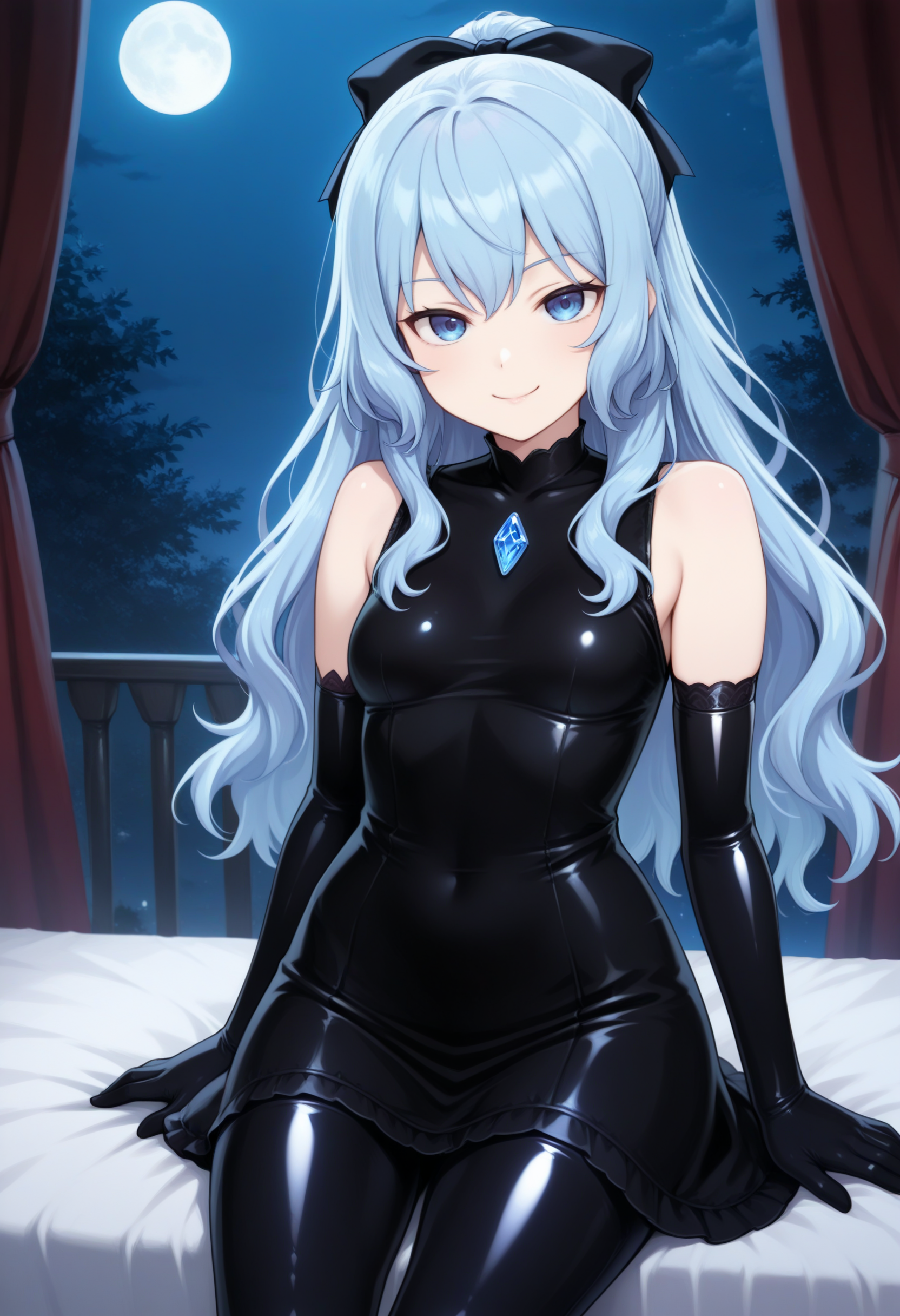 best quality, masterpiece \(quality\),
liselotte cretia,
evil smile, closed mouth,
1girl, solo,
black latex, sleeveless dress, chest jewel, blue gemstone, leggings, elbow gloves, black bow,
cowboy shot, sitting, 
night, full moon, 
<lora:faux-liselotte-cretia-mixed4-noobv-lora-rank128a32-adaf-attn-2024-12-29_18-48-28-save-660-3-0:0.6> <lora:latex-fantasy-noobvpred-v15mk2-step10560-rank256:0.8>