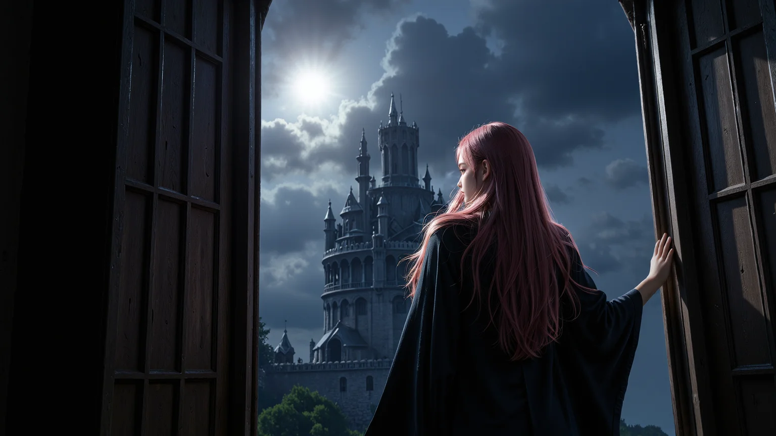 dark gothic style,close-up shot from outside the window,focusing on a long pink wavy haired woman wearing a dark,ornate gothic robe,opening the heavy wooden window,the moonlight illuminating her pale skin and dark hair,dark storm clouds swirling in the sky,a towering gothic castle looming behind her,faint light flickering from inside,heavy shadows cast on her figure.,<lora:yuukananri-base-02-flux:0.8>,yuukananri,she has a slender physique and a petite build,<lora:klordoftherings-01:0.6>,klordoftherings,
