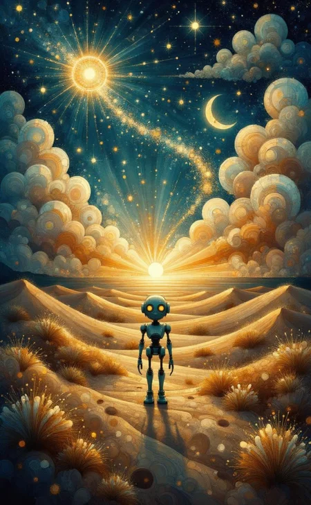 <lora:ck-swirlycircles-000015.safetensors:1> digital artwork in the style of ck-swc
In the heart of an ancient, sprawling desert, the sands pulse with the magic of the elements. The scorching sun charges the air, and the horizon shimmers with mirages that dance like spirits across the dunes. The sky, a deep twilight blue, casts a golden hue over the landscape, where the sands shift and swirl, etched with ancient alchemical symbols. Drifting wisps of sand form ethereal patterns, weaving through the air like threads of destiny.
At the center of this mystical scene stands a humanoid robot, a blend of retro-futurism and modern aesthetics. Its large, vibrant eyes glimmer like stars, capturing the mystical light of the desert. The robot's design is simple yet classic, with a nostalgic charm that evokes a bygone era. Its presence on the ancient road, slightly blurred by the swirling sands, suggests a journey through time and space.
The road itself is a conduit of alchemical energy, its surface shimmering with a faint luminescence.Rare, luminescent desert plants dot the landscape, their soft light adding a touch of otherworldly beauty. The textures of the sand and the robot's metal form a striking contrast—soft, flowing dunes against hard, mechanical lines. The colors blend and contrast, the golden sands and deep blue sky harmonizing with the robot's pastel hues, creating a scene where the physical and the spiritual blur into one.
The air is thick with the scent of ancient magic, and the robot's eyes seem to pulse in rhythm with the desert's heartbeat. This is a place where the boundaries between worlds are thin, and the alchemical energies of the desert transform the ordinary into the extraordinary.