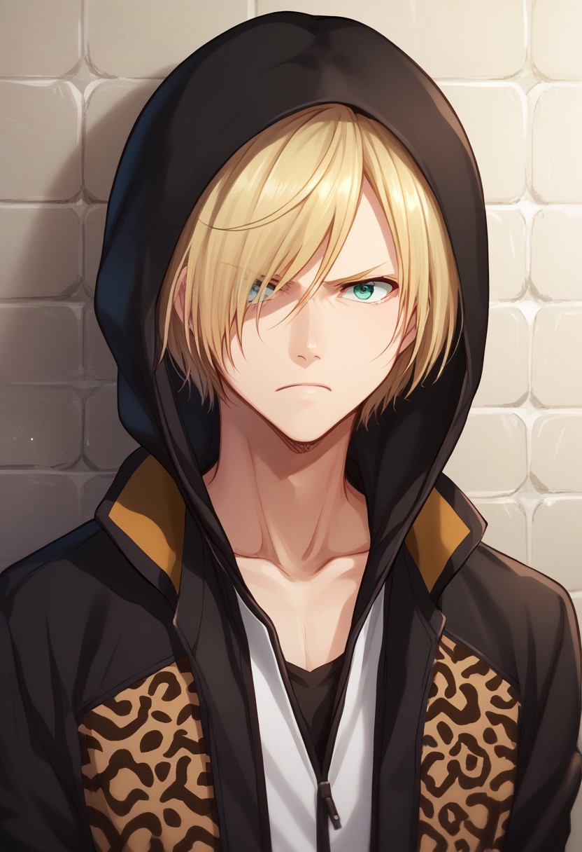 score_8_up, score_7_up, source_anime, highly detailed, 
yurio, leopard print, 1boy, male focus, hood, blonde hair, green eyes, animal print, hair over one eye, hoodie, solo, upper body, blue eyes, jacket, angry, indoor, wall