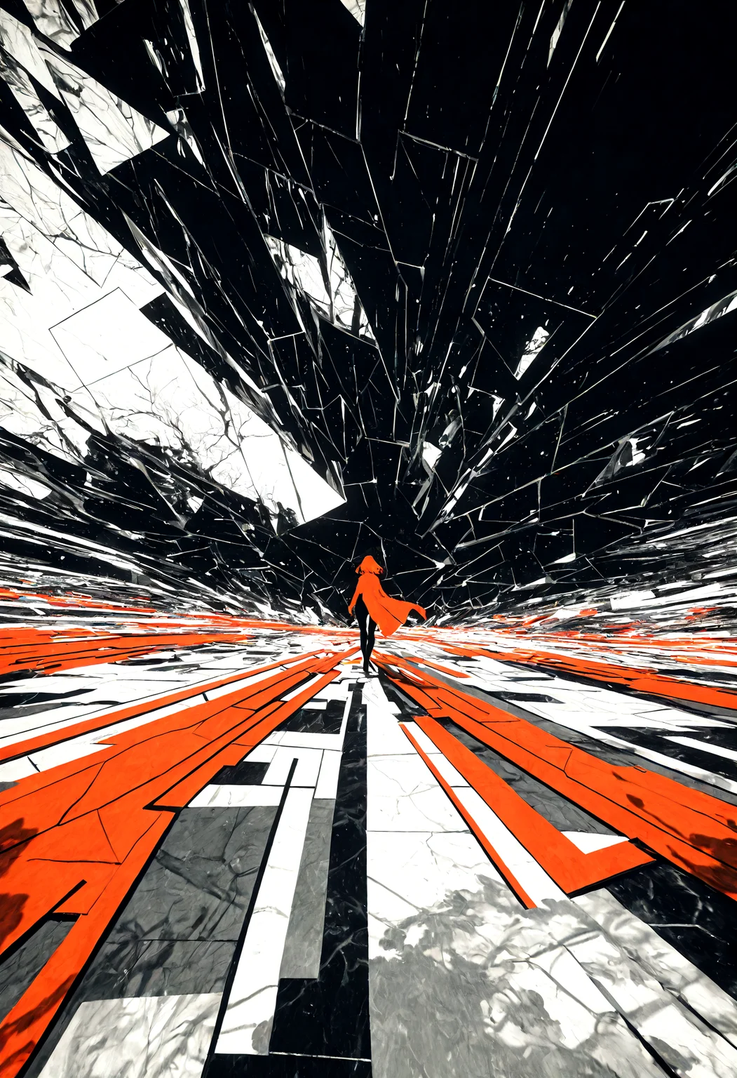 1girl, from behind, asymmetrical clothes, cubism, monochrome, spot color, fluorescence, local color adaptation, (foreshortening:1.2), painterly, silhouette art, masterpiece, best quality, amazing quality, very aesthetic, absurdres, newest,