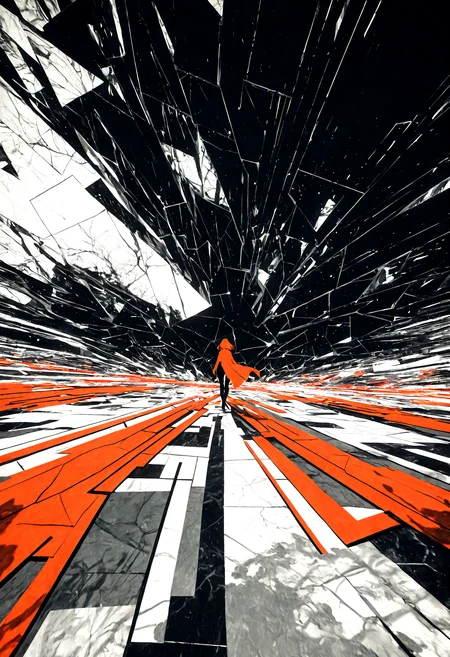 1girl, from behind, asymmetrical clothes, cubism, monochrome, spot color, fluorescence, local color adaptation, (foreshortening:1.2), painterly, silhouette art, masterpiece, best quality, amazing quality, very aesthetic, absurdres, newest,