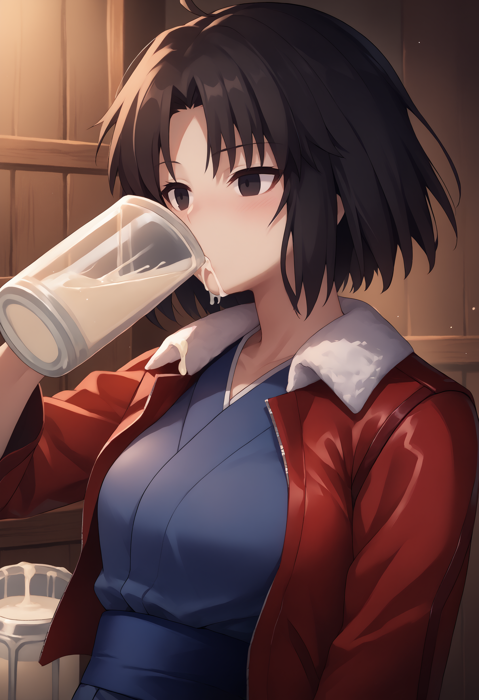 score_9, score_7_up, 1girl, drinking cum, beer mug,       <lora:Gokkun 3:1> <lora:Shiki:1> ryougi shiki, short hair, black hair, black eyes, red leather jacket, blue kimono, fur trim