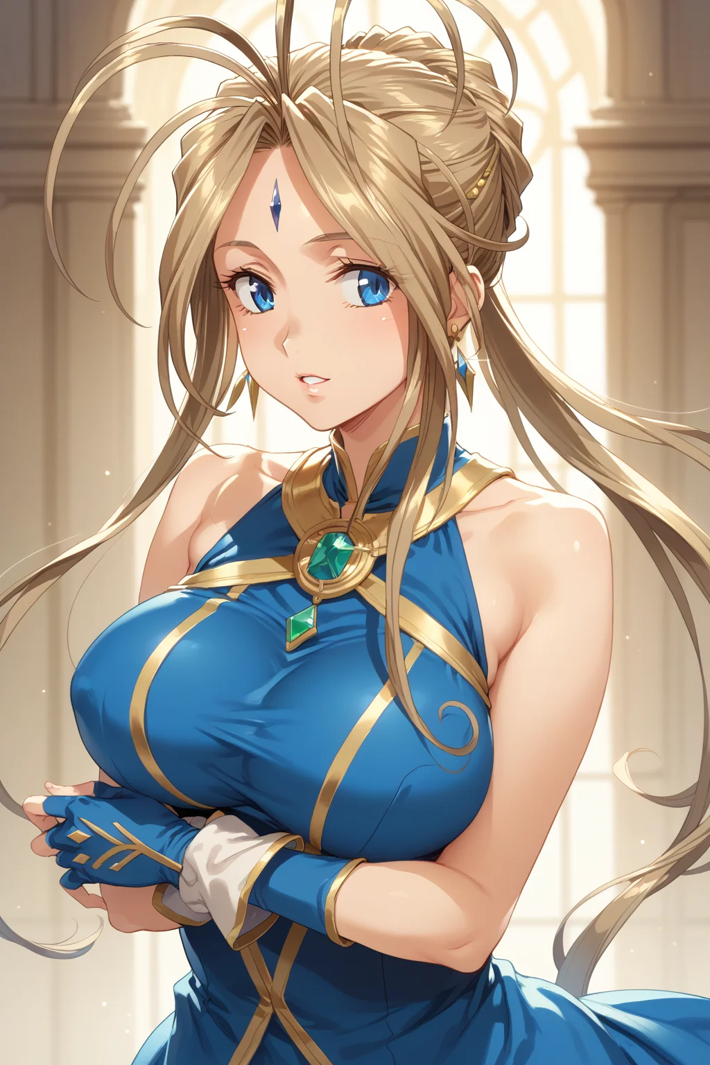 score_9, score_8_up, score_7_up, masterpiece, best quality, game cg,
1 girl, mature female,
wide hips, large breasts,
shameful face, parted lips,
<lora:pony_good_hands:0.5>, good_hands,
<lora:Belldandy:1>, belldandy,
blue dress with a golden trim, blue fingerless gloves, jewelry, sleeveless dress, earrings