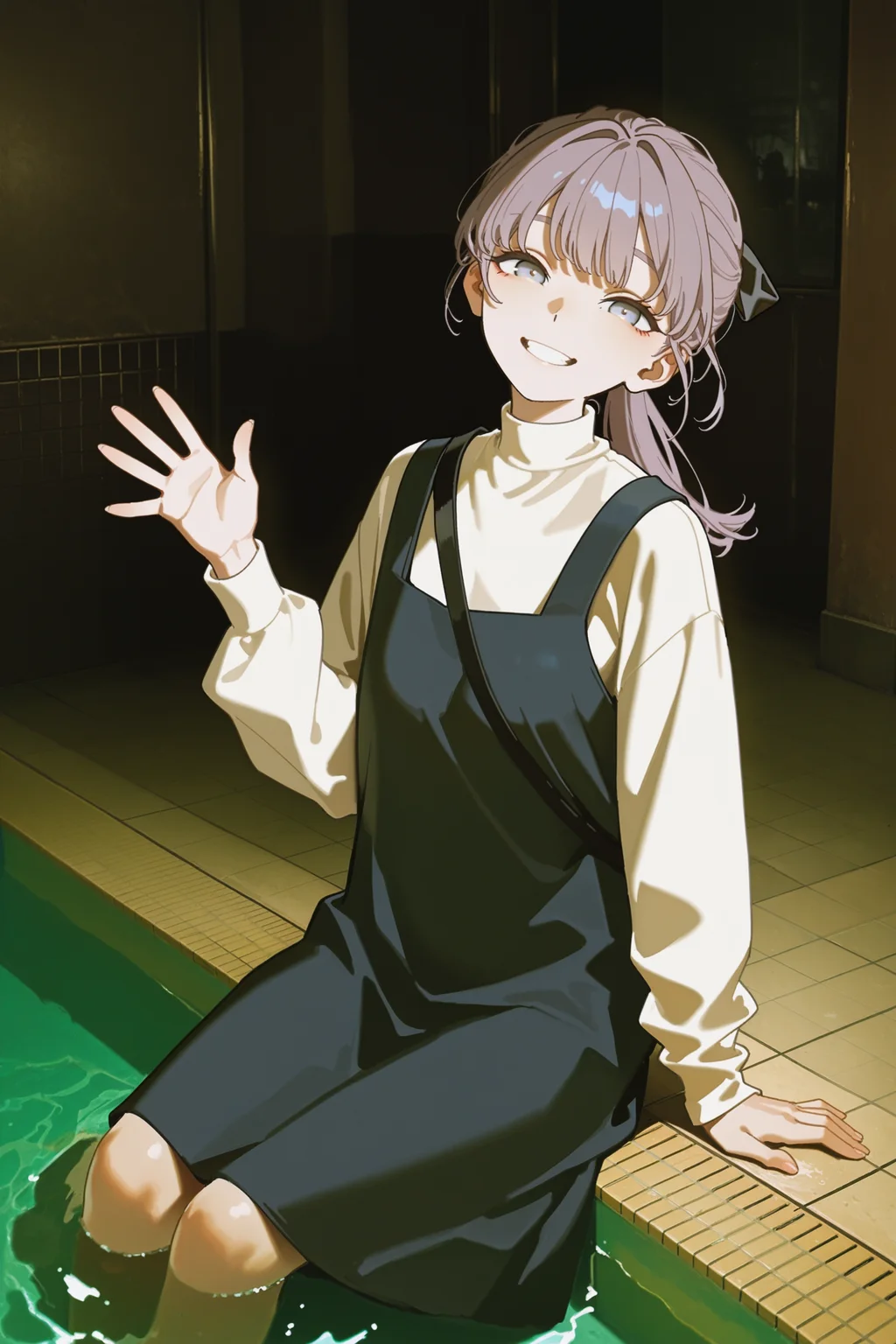 masterpiece, best quality, absurdres, safe
1girl, lapwing, grey hair, grey eyes, ponytail, hair ribbon,
strap, turtleneck, white sleeves, pinafore dress, 
smile, looking at viewer, [head back,::0.3] head tilt,
dark background, poolside, wading, sitting, tile floor,
waving, [green theme, ::0.3]
shadow, photo background, 
yoneyama mai, 
johnkafka,
<lora:lapwing_il_2_d16:1>
<lora:front_lighting_il_2_d16_soft:1>
<lora:wide_shot_il_1_d32:0:hr=1>