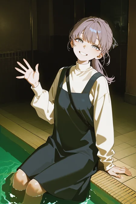 masterpiece, best quality, absurdres, safe
1girl, lapwing, grey hair, grey eyes, ponytail, hair ribbon,
strap, turtleneck, white sleeves, pinafore dress, 
smile, looking at viewer, [head back,::0.3] head tilt,
dark background, poolside, wading, sitting, tile floor,
waving, [green theme, ::0.3]
shadow, photo background, 
yoneyama mai, 
johnkafka,
<lora:lapwing_il_2_d16:1>
<lora:front_lighting_il_2_d16_soft:1>
<lora:wide_shot_il_1_d32:0:hr=1>