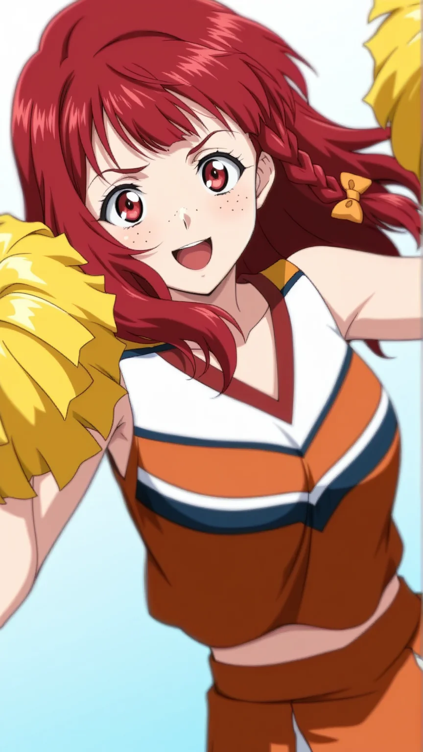 source_anime, general, best quality, masterpiece, 1girl, <lora:Rosalie_Serue_ill_v1.0:1> rosalie_serue\(srw\), red eyes , red hair, freckles,braid, long hair, side braid, hair bow, cheerleader, dutch angle, dynamic pose,